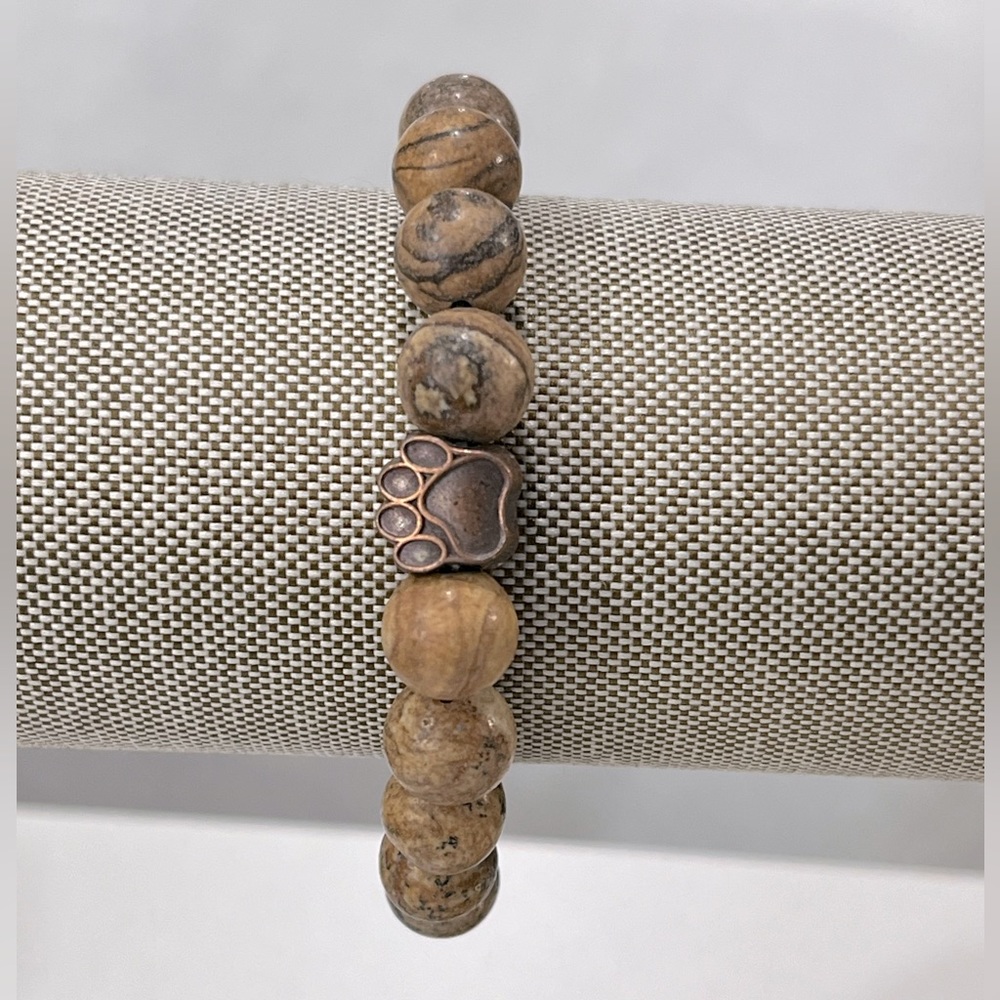 Bracelet Stretchy Beaded Neutral with Copper Paw Print Charm-OS
